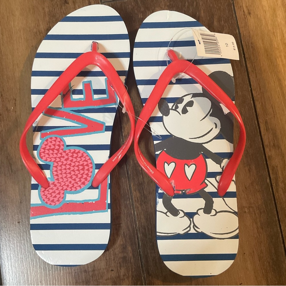Disney Sandals Flip Flops Mickey Mouse Blue Stripes Heart’s Women | Size 10
